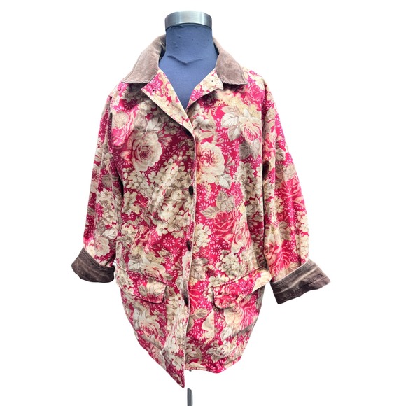 LL Bean Women's 3X Floral Print Cotton Barn Coat Corduroy Collar Vintage 1990s - Picture 2 of 9